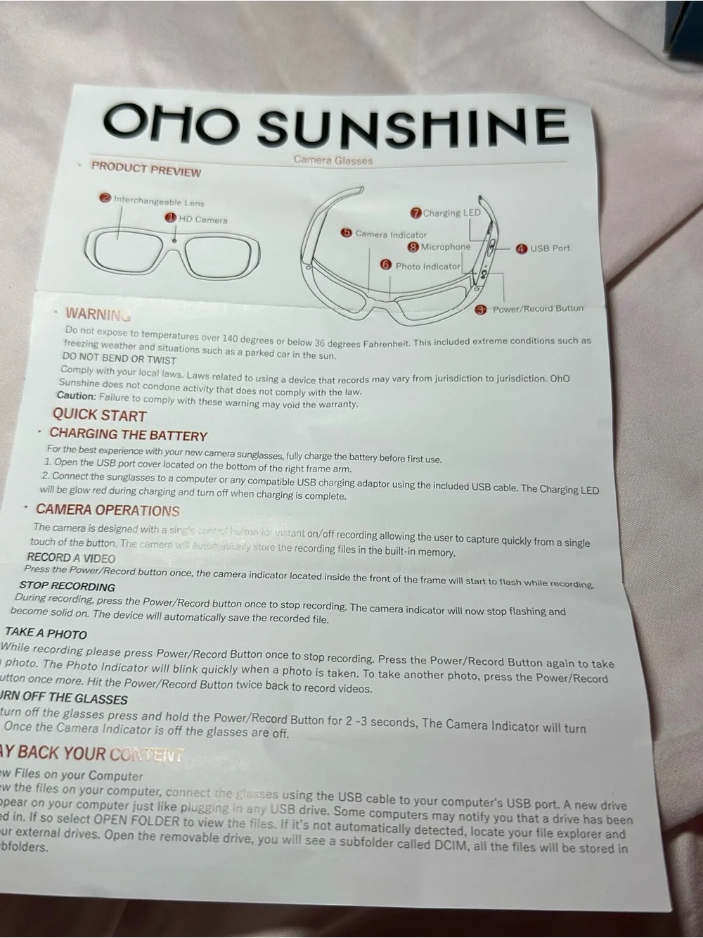 OHO SUNSHINE Vidsoul Smart Camera Glasses with 1080P HD Photo & Video Recording